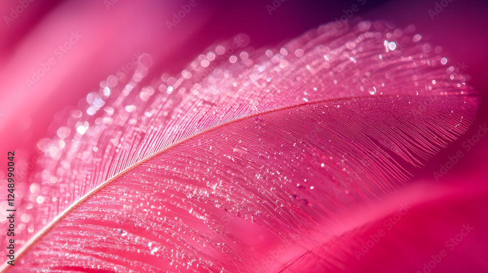 Poster a close-up of a delicate pink feather, adorned with tiny droplets of water, showcasing intricate tex