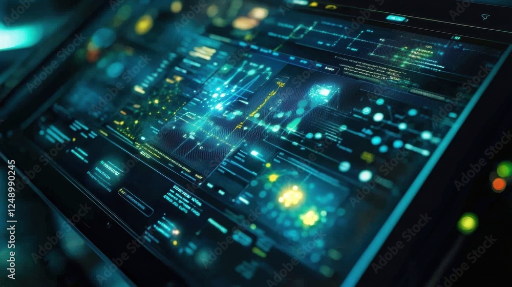 Poster high tech digital interface showcasing complex scientific data and futuristic graphics. the screen f
