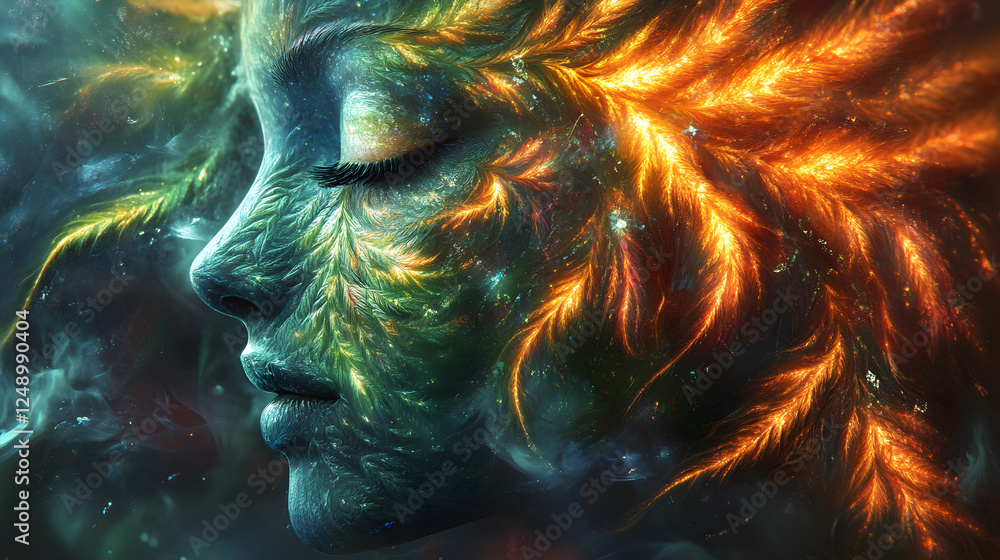 Poster a mesmerizing portrait blending human features with vibrant natural elements, showcasing an ethereal
