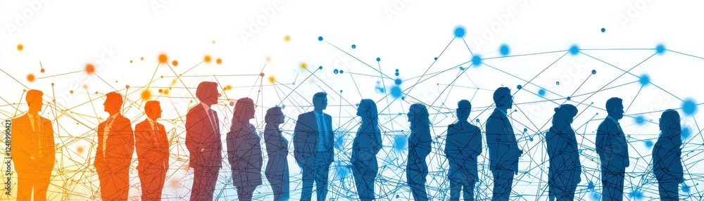 Poster silhouettes of business professionals standing in line, connected by network of colorful dots and li