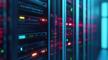 Naklejka premium row of illuminated server racks in data center with colorful lights