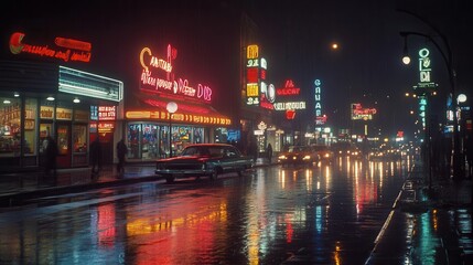 A vibrant city street at night, illuminated by neon signs, with cars passing by, showcasing the lively urban atmosphere.
