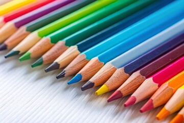 Fototapeta premium Colorful Wood Pencil Crayons Arranged on White Paper - Vibrant Art Supplies Background
