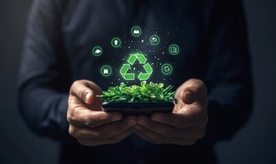 Hands Holding Smartphone with Green Plant and Recycling Symbols