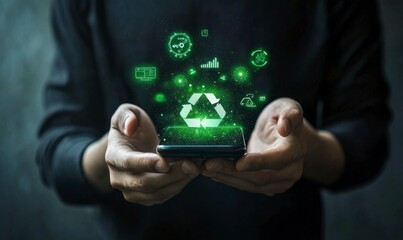 Modern Technology and Environment with Recycling Symbols on Phone