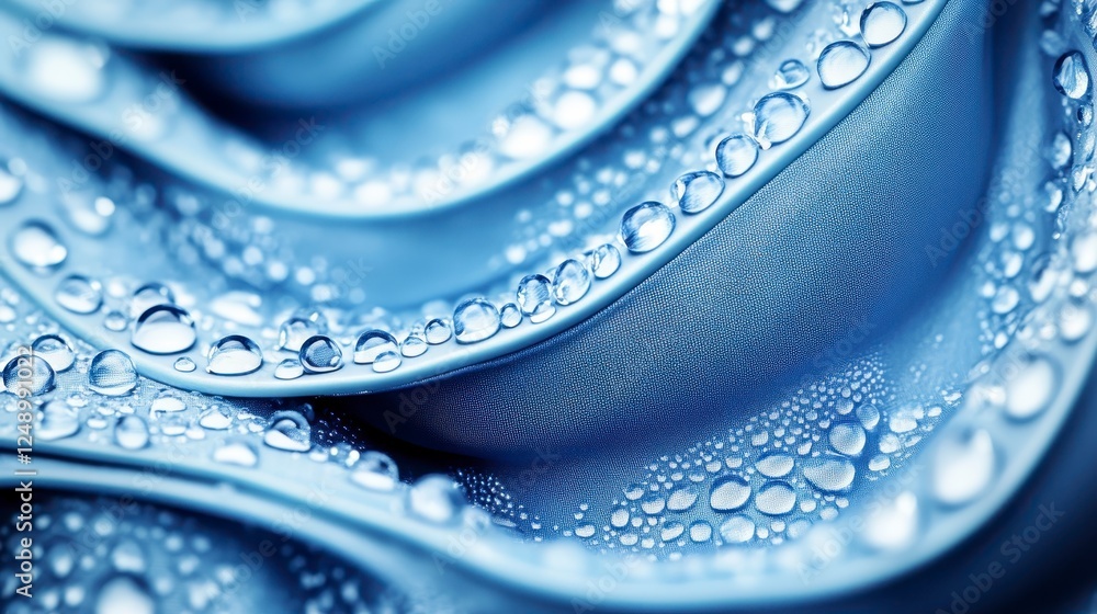 Poster closeup view of light blue fabric with water droplets, showing a textured surface and a wavy pattern