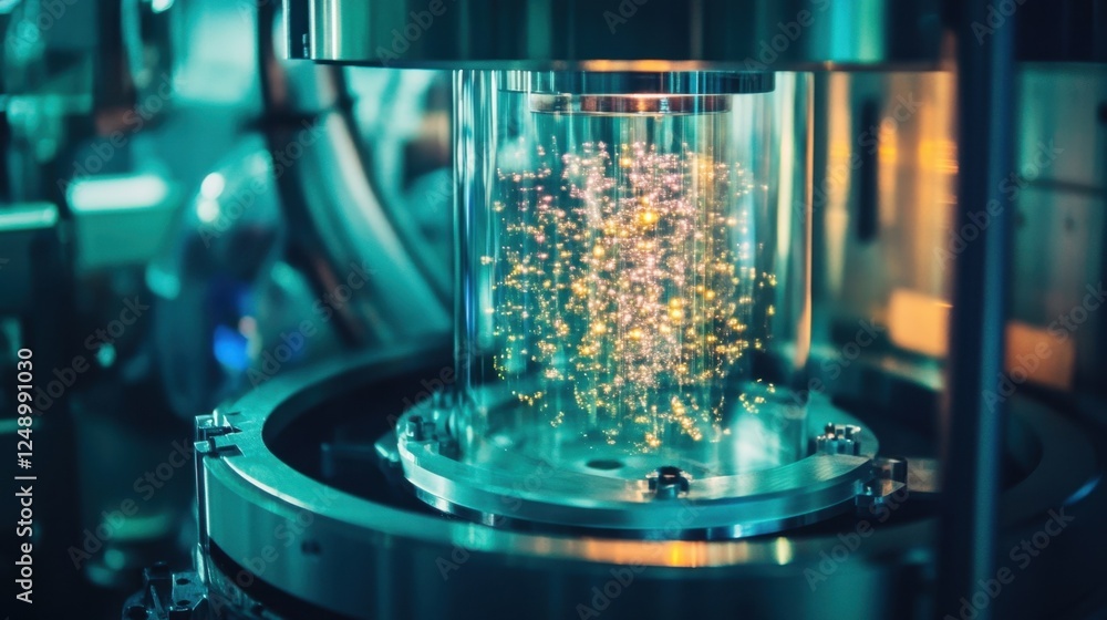 Poster futuristic particle chamber glows with dynamic energy in a high tech laboratory setting, showcasing 