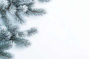 Minimalist Christmas Composition with Frosted Pine Branches on White Background for Winter Holiday Decoration