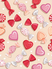 The image shows a colorful pattern of different Valentine's Day candy.
