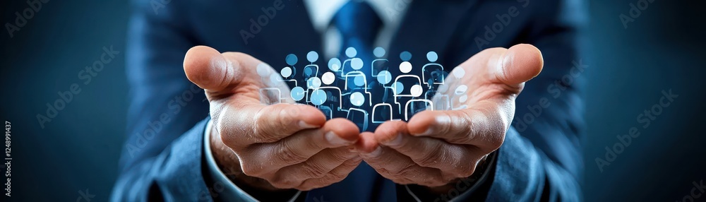 Poster empowering leadership with hands holding diverse figures representing teamwork and collaboration. th