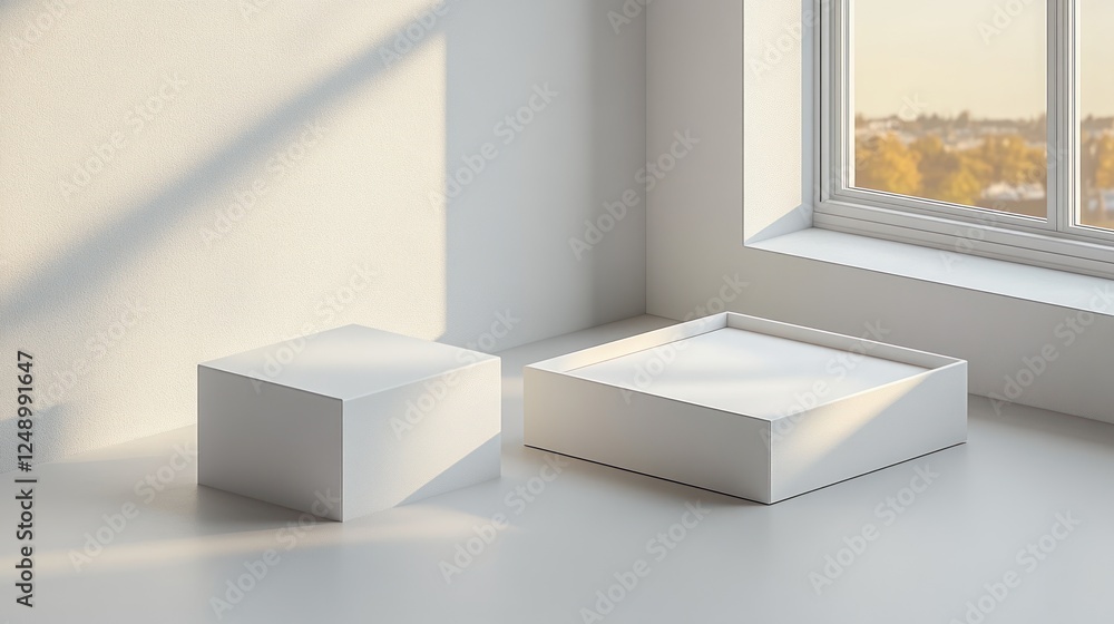 Poster minimalist open and closed white box mockup on smooth surface with natural lighting for design templ