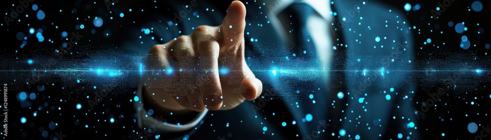 Poster business professional pointing at digital interface with glowing particles. image conveys sense of i