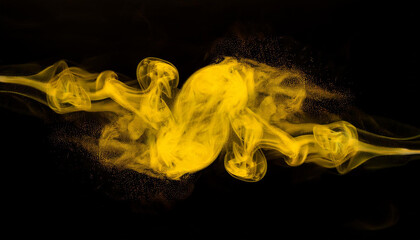 Fototapeta premium Swirling mist of yellow particles on black backdrop, bold dramatic effect. Smoke in motion