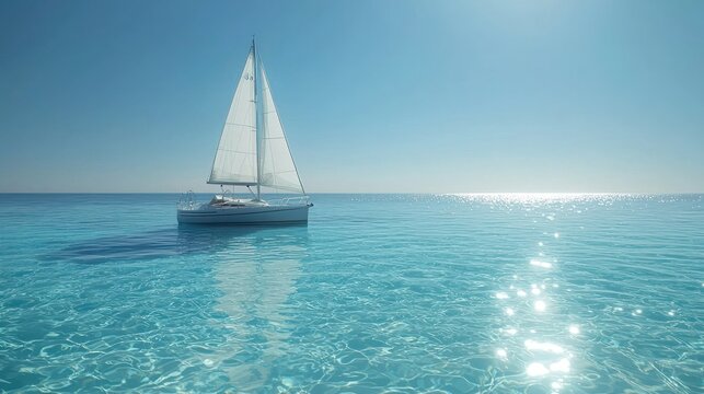 Calm sailboat on turquoise sea, sunny day, clear water, horizon - Powered by Adobe
