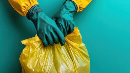 Volunteer Cleaning Effort at Polluted Riverbank with Yellow Trash Bag to Remove Waste and Restore Nature