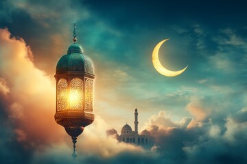 Ramadan lantern glows, crescent moon, mosque, cloudscape