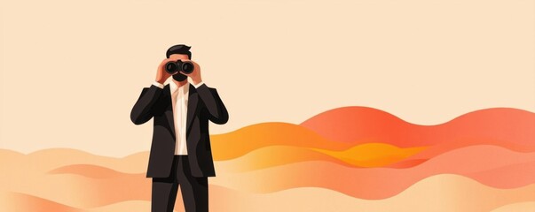 business mindset vision focus. Business professional with binoculars, focusing on a distant vision, flat design illustration