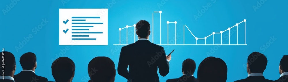 Poster business professional leading discussion on performance metrics and growth strategies, engaging audi