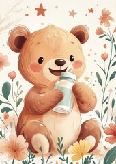 Fototapeta premium Baby bear with bottle. Cute baby illustration for baby birthday card, baby shower invitation