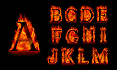 Fire alphabet letters A, B, C, D, E, F, G, H, I, J, K, L, M isolated on a black background. Black serif font in orange flames. Vector illustration. 