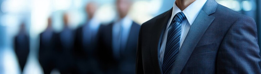 business professional in suit stands confidently in front of blurred group, leading discussion in corporate environment. atmosphere is focused and professional