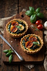 Delicious spinach and tomato quiche tarts on a rustic wooden board, garnished with fresh basil.