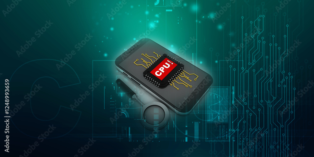 Poster 3d render cpu with microchips on mobile phone