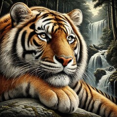 Fototapeta premium A close-up of a tiger depicted against a dense jungle backdrop. Detailed fur, an expressive gaze and the natural play of light and shadow highlight the power and grace of this majestic animal. 