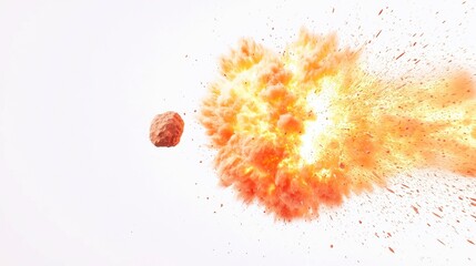 Asteroid Collision Catastrophe, a massive explosion erupts from a colossal asteroid impact, vivid flames and debris highlight the destructive force against a stark white backdrop.