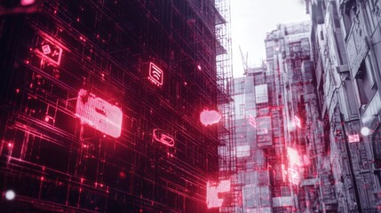 Naklejka premium A 3D-rendered urban construction site transitioning to a finished smart city building, with glowing internet icons floating in the air, futuristic design, digitalization concepts 