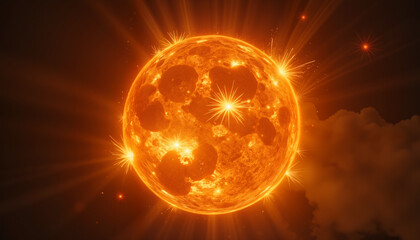 Fiery glowing sunburst with intense sparkles, symbolizing warmth