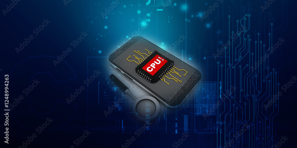Poster 3d render cpu with microchips on mobile phone