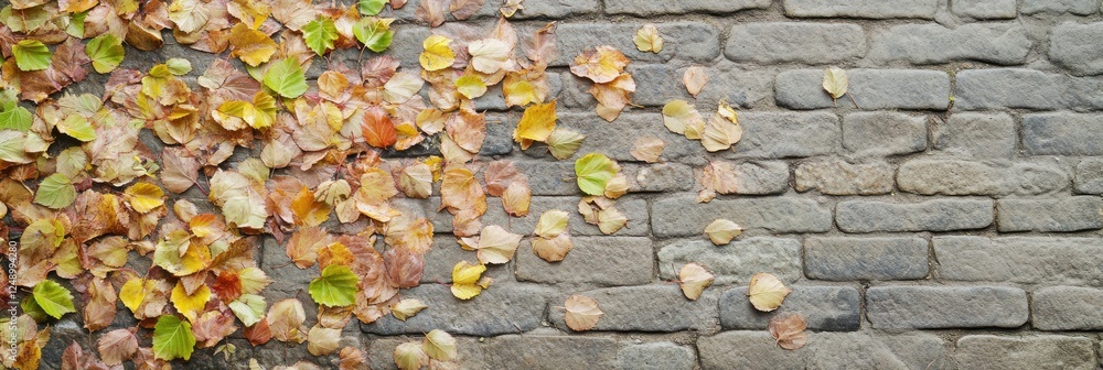Poster autumn leaves scattered on cobblestone path creating rustic seasonal background