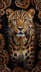 Fototapeta premium Leopard portrait with a floral backdrop, emphasizing its wild beauty and captivating gaze.
