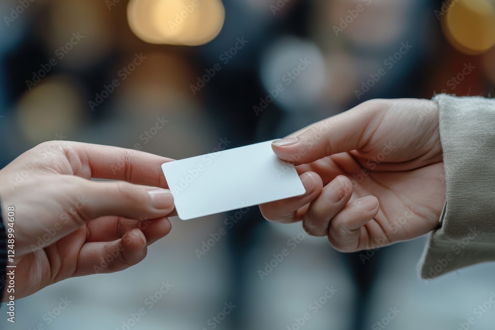 Poster close up of business card being handed over between two people, symbolizing networking and professio