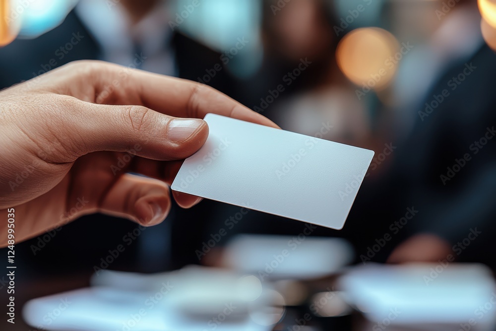 Poster close up of hand holding blank business card, symbolizing networking and professional connections. b
