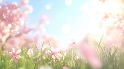 Fototapeta premium Cherry tree with tender flowers in a green grass meadow on a spring Easter sunrise background. Spring blossom. Nature background with flowers.