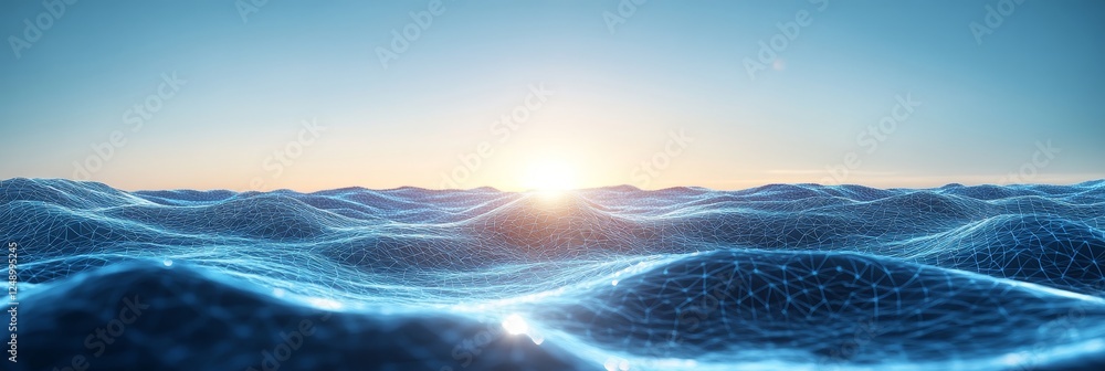 Poster abstract wave pattern with connected mesh, vibrant blue colors, polygonal network, tech background