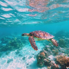 Obraz premium Hawksbill turtle swimming near a vibrant coral reef teeming with marine life