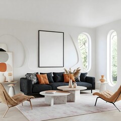 Frame mockup, ISO A paper size. Living room wall poster mockup. Interior mockup with house background. Modern interior design. 3D render