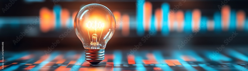 Poster a bright light bulb above a financial graph showing a rise, cost reduction strategies visualized wit
