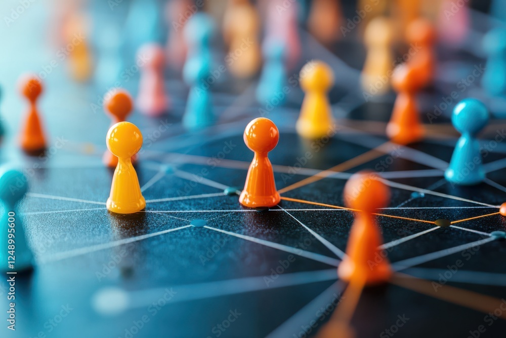 Poster colorful game pieces connected by lines, representing networking and collaboration in digital enviro