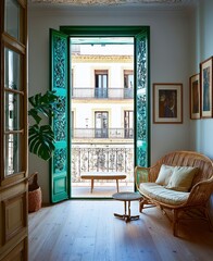 Cozy interior room with bright natural light, featuring green window shutters, wicker armchair, and view of cityscape. Warm, inviting atmosphere