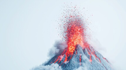 Volcanic Fury, a powerful display of nature's force showcasing a massive eruption with billowing smoke and flowing lava against a stark white backdrop.