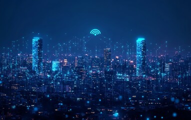 Obraz premium A dark blue futuristic cityscape with AI, 5G, and IoTpowered smart buildings, interconnected design, glowing infrastructure, hightech details