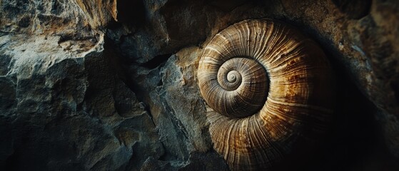 A mesmerizing spiral fossil carved into rock, displaying intricate textures and the timeless artistry of nature.
