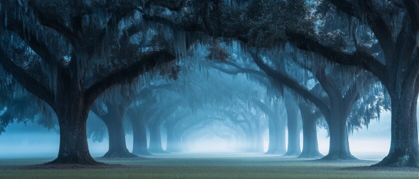 A misty avenue of ancient oaks, draped in moss, stretches into the distance, creating a mystical and serene pathway. - Powered by Adobe
