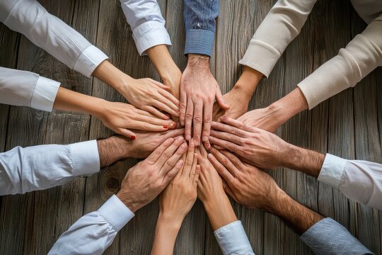 Collaborative hands forming circle on wooden table, symbolizing teamwork and unity. diverse hands represent different backgrounds and contributions