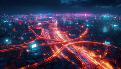 Cyberpunk City Night Aerial View with Technology and Wireless Connection Concept