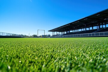 Lush Green Field with Stadium Stands under a Clear Blue Sky